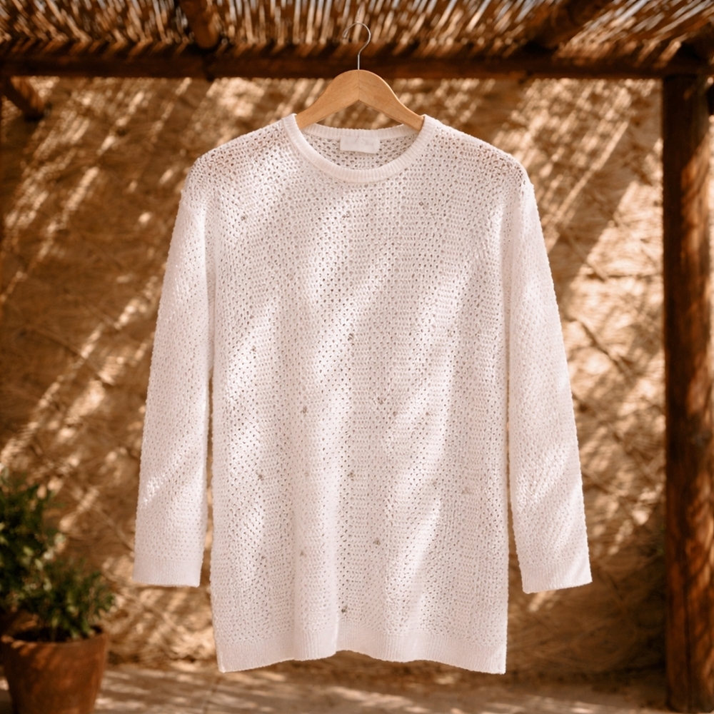 Ralph Lauren White Open Knit Sweater Beachy Boho Long Sleeve Large Great Condit - Picture 8 of 16